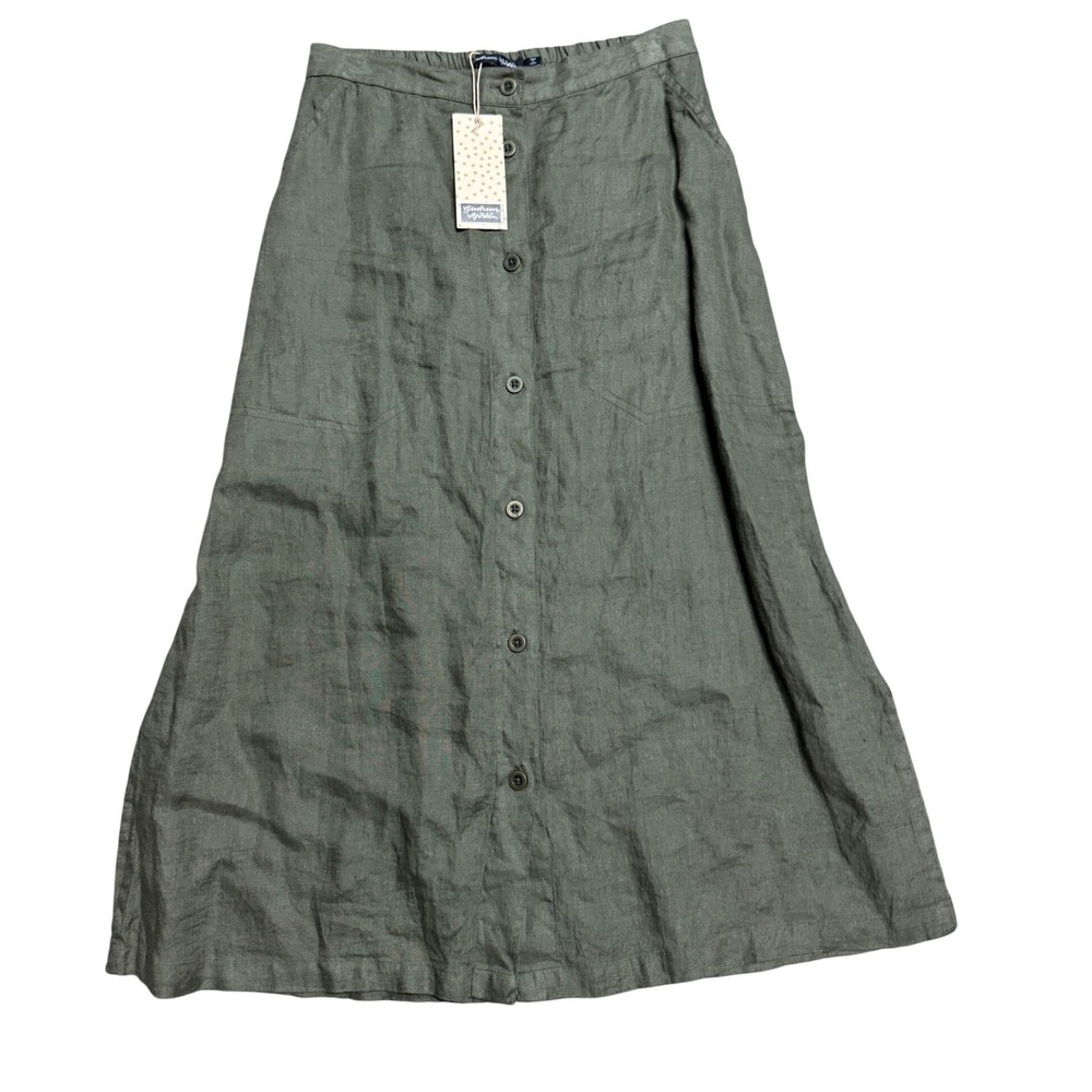 Gudrun Sjoden Karen Skirt Green Linen Button Front Midi Pockets Small